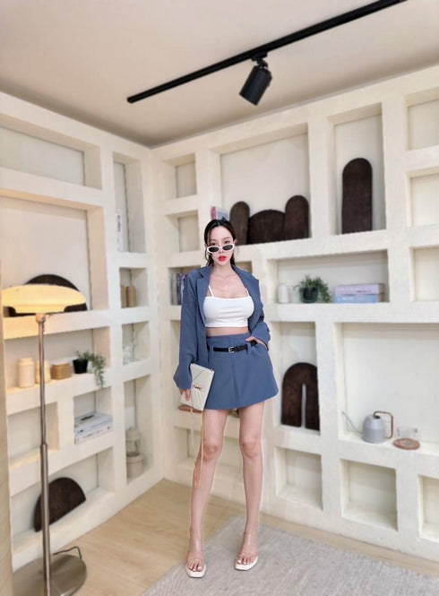 SIRINNN Solid Color Blazer With Skirts And Belt Set